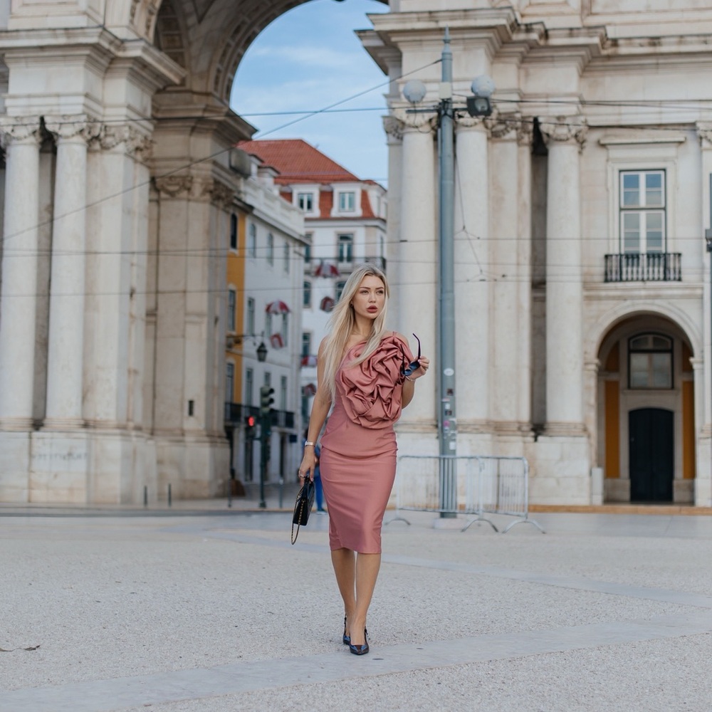 My favorite midi dress with big flower( reminds me of Chanel)